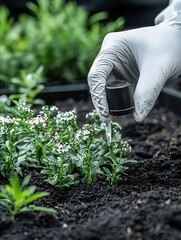 Person applying liquid to plants in soil