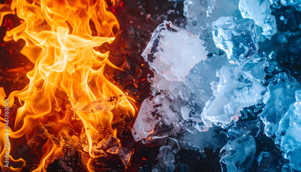 Poster Fire and ice contrast flames and frost abstract art studio setting close-up view