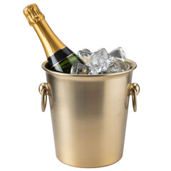 Champagne Bottle in Gold Ice Bucket with Ice Cubes