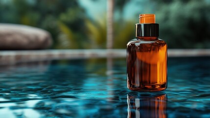 Luxury skincare bottle in outdoor environment, positioned over reflective pool with subtle natural colors