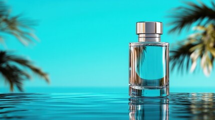 Luxury skincare bottle in outdoor environment, positioned over reflective pool with subtle natural colors