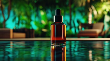 Luxury skincare bottle in outdoor environment, positioned over reflective pool with subtle natural colors