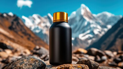 Minimalist product photography with bottle on Himalayan rock, blue sky and snowy peaks in soft focus