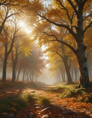 Fototapeta premium Sun-dappled autumn clearing, dense deciduous foliage , aspen, leaves, vegetation