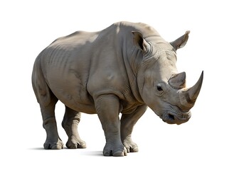 Fototapeta premium A full body shot of a rhinoceros standing on a white background facing the camera directly ahead