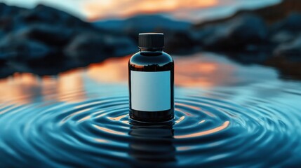 Minimalist skincare bottle standing on reflective water surface, calm nature background, soft natural light