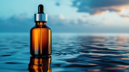 Minimalist skincare bottle standing on reflective water surface, calm nature background, soft natural light