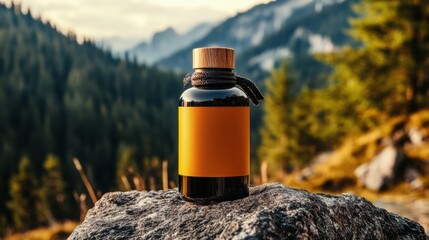Outdoor mountain product shot, clean bottle placed on rugged stone, wide scenic view of natural landscape
