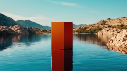 Premium packaging standing alone on mirror-like water, wide natural landscape view, luxury aesthetic