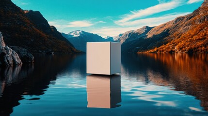 Premium packaging standing alone on mirror-like water, wide natural landscape view, luxury aesthetic