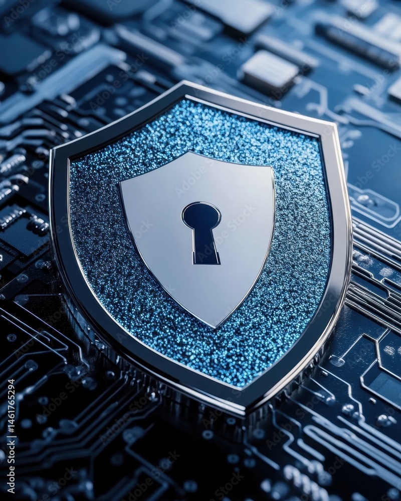 Poster shield with keyhole on circuit board security concept close up protection of data and systems cyber 