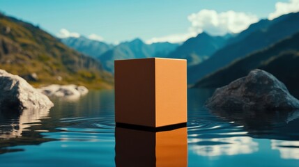Premium packaging standing alone on mirror-like water, wide natural landscape view, luxury aesthetic