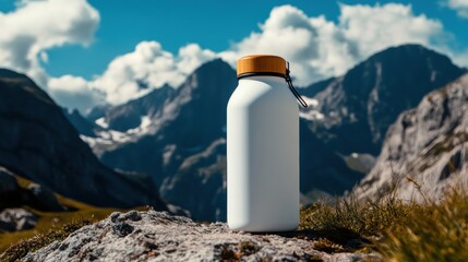 Sustainable water bottle displayed on high mountain trail, clouds drifting below, dramatic natural setting