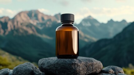 Wellness product bottle positioned on stone with vast mountain panorama, early morning sunlight, fresh pure vibe