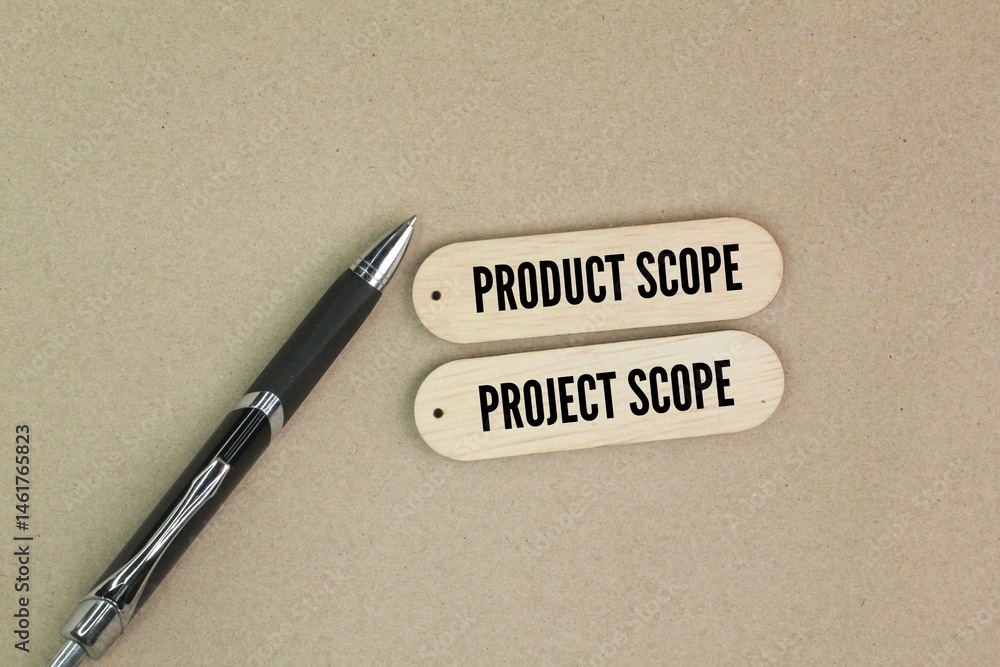 Poster pen and stick with the words product scope and project scope. scope project management