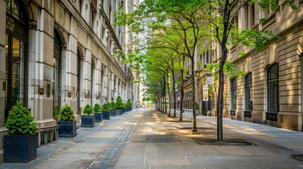 Fototapeta premium Empty urban sidewalk in the financial district on weekend stock photo --ar 16:9 --raw --v 6 Job ID: d80c180d-0145-452a-88ee-7766f36777b4