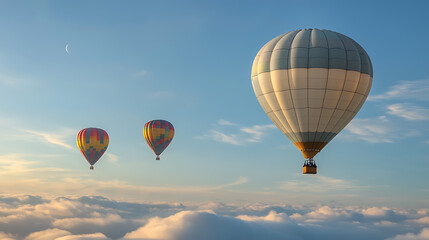 Obraz premium Three hot air balloons are flying in the sky, one of which is blue and white