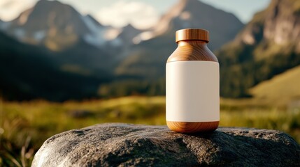 Wellness product bottle positioned on stone with vast mountain panorama, early morning sunlight, fresh pure vibe