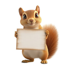 Cute cartoon squirrel holding blank sign in paws for customizable message