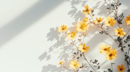 Yellow flowers and leaves with shadows on white background.