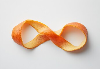 Orange peel twisted into an infinity symbol.  The peel is a vibrant orange color and shows texture