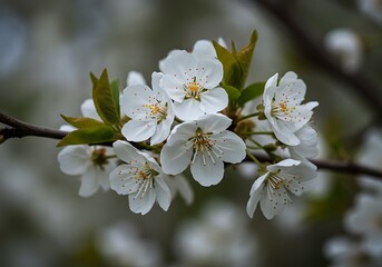 Obraz premium Close up of a branch with white blossoms and green leaves against a blurred background outdoors in daylight