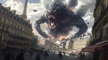 Paris under attack by an akumatized creature in anime style