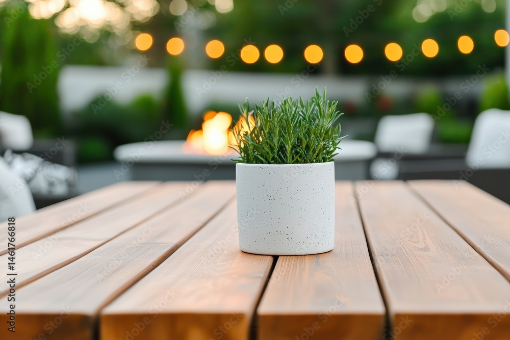 Poster cozy wooden dining table on a chic patio with firepit and string lights