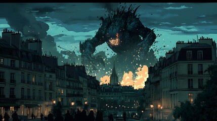 Paris under attack by an akumatized creature in anime style