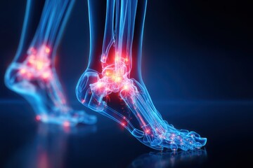 Digital illustration of human feet showing bones and joints with highlighted inflammation, representing pain or arthritis in the ankle and foot.