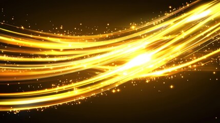 Abstract golden light streaks and sparkles on black background.
