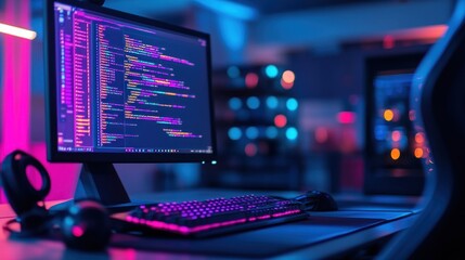 Illuminated computer screen displays lines of code, keyboard, mouse, and headphones on desk.