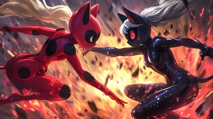 Ladybug and Cat Noir in synchronized combat in anime style