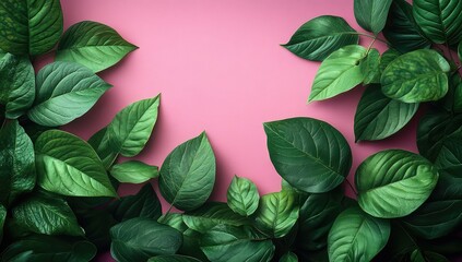 Obraz premium Lush Green Leaves Pink Background.