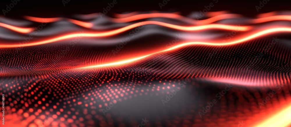 Poster abstract red glowing wave particle background.