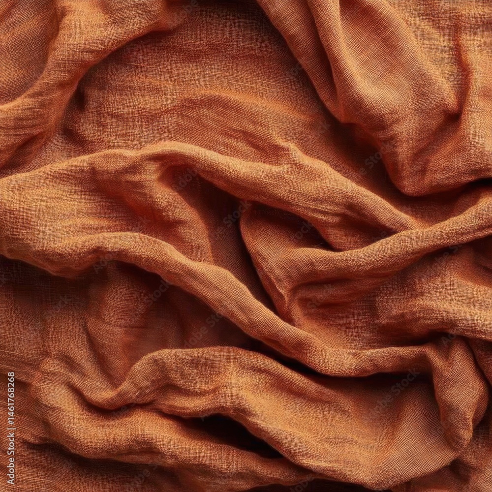 Poster close-up of textured orange linen fabric draping and folding in studio light for textile design and 