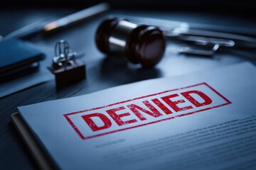 A document stamped "DENIED" sits on a desk beside a judge's gavel, symbolizing legal rejection or refusal.