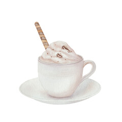 White coffee cup with hot chocolate and cream with waffle tube, with coffee beans, saucer. Watercolor illustration isolated on white background. For cafe menu design, textiles, postcards, cooking