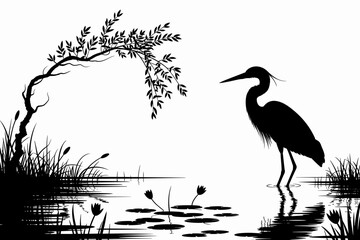 Elegant Heron Silhouette by the Water – Serene Nature Scene in Black and White Vector Art

