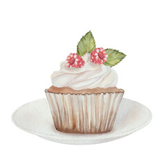 Cupcake with raspberries, cream and green leaves on saucer. Watercolor illustration of sweets. Hand drawn, isolated on a white background. For printing, kitchen, culinary, textiles, holidays.