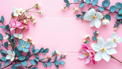 Fototapeta premium Pastel pink background, blank card mockup framed by delicate flowers and eucalyptus, note card, nature