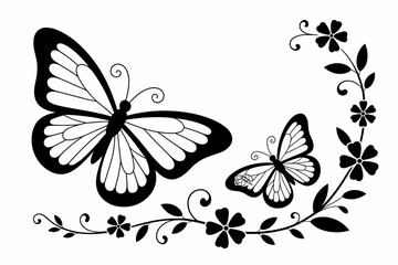Butterfly and Flower Silhouette - Elegant Black and White Vector Illustration

