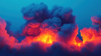Fiery orange and blue smoke clouds billow in the sky, resembling a volcanic eruption or intense fire.