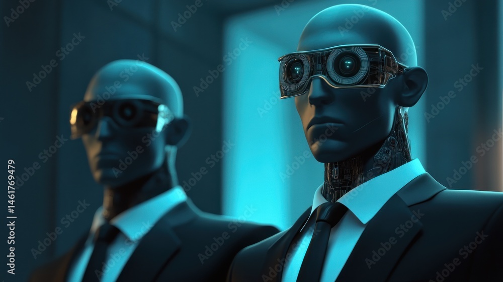 Poster two androids in suits and advanced eyewear stand in a futuristic setting.