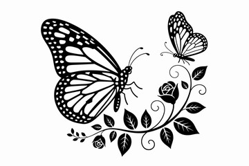 Butterfly and Flower Silhouette - Elegant Black and White Vector Illustration

