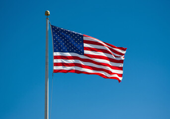 Fototapeta premium American Flag Waving in a Clear Blue Sky