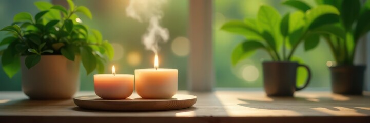Scented candle, air reed diffuser, green plant on wooden table , autumn, candle
