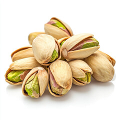 Pistachio nuts stacked together on white background