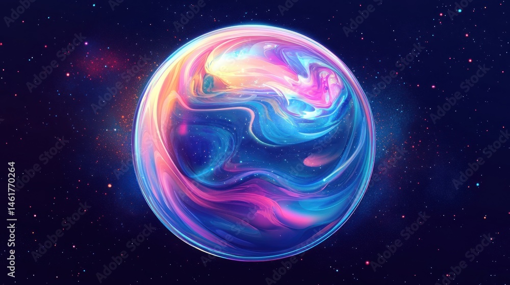 Poster abstract iridescent sphere in space with nebula background.