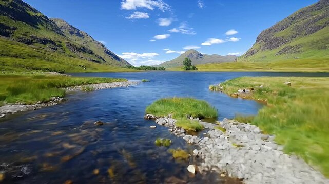 Loch Etive in Glen Etive Scotland With Mountain Views and Blue Sky and Foreground Rocks